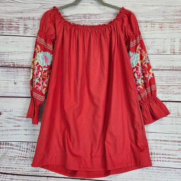 Free People Red Fleur Du Jour Mini Dress S Bold Floral Embroidered Boho Festival - Picture 4 of 14